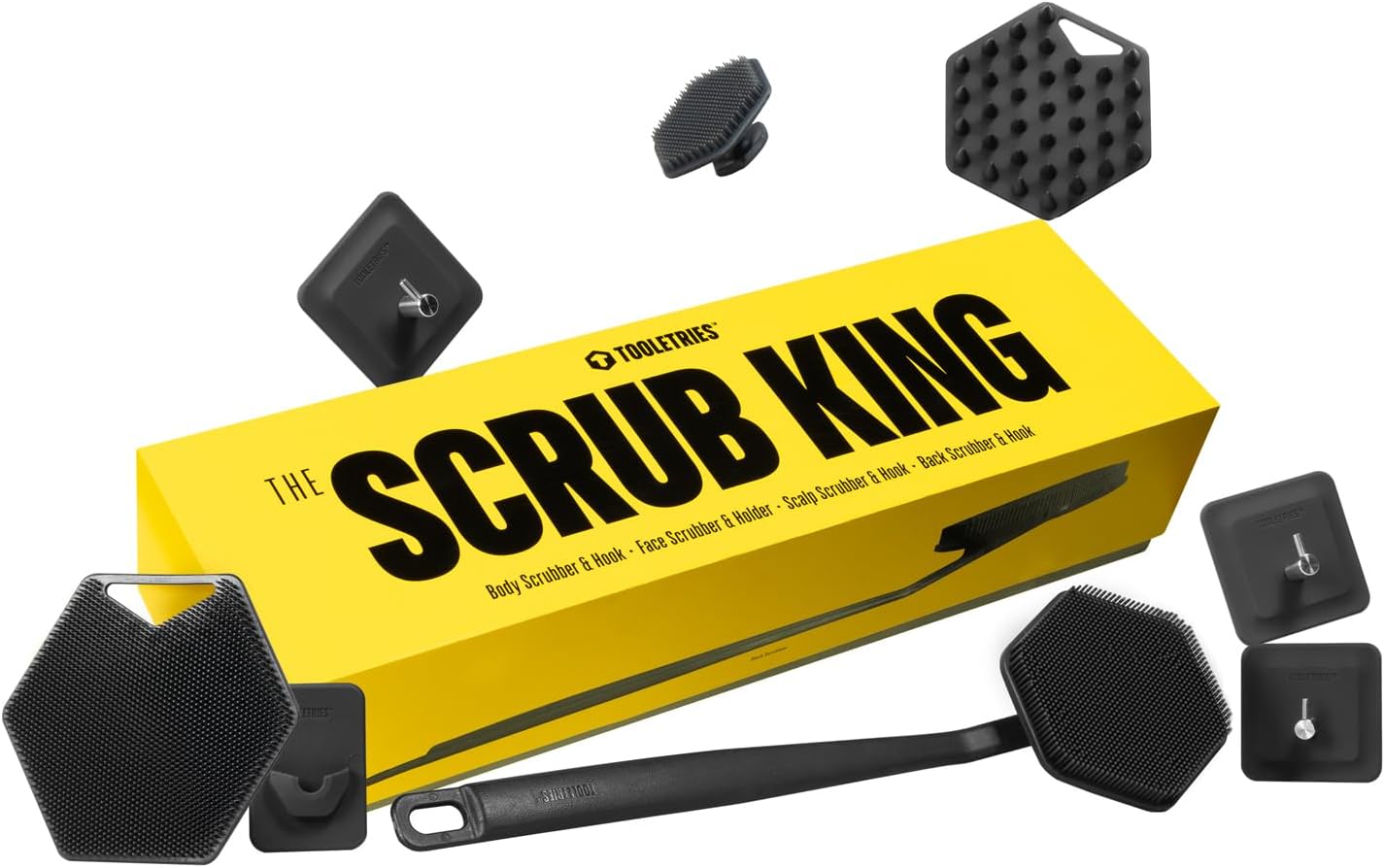 TOOLETRIES The Scrub King Silicone Shower Set for Men & Women, Hygienic Silicone Exfoliating Bath Set with Back Scrubber, Body Scrubber, Face Scrubber, Scalp Massager, Hooks & Holder - Charcoal