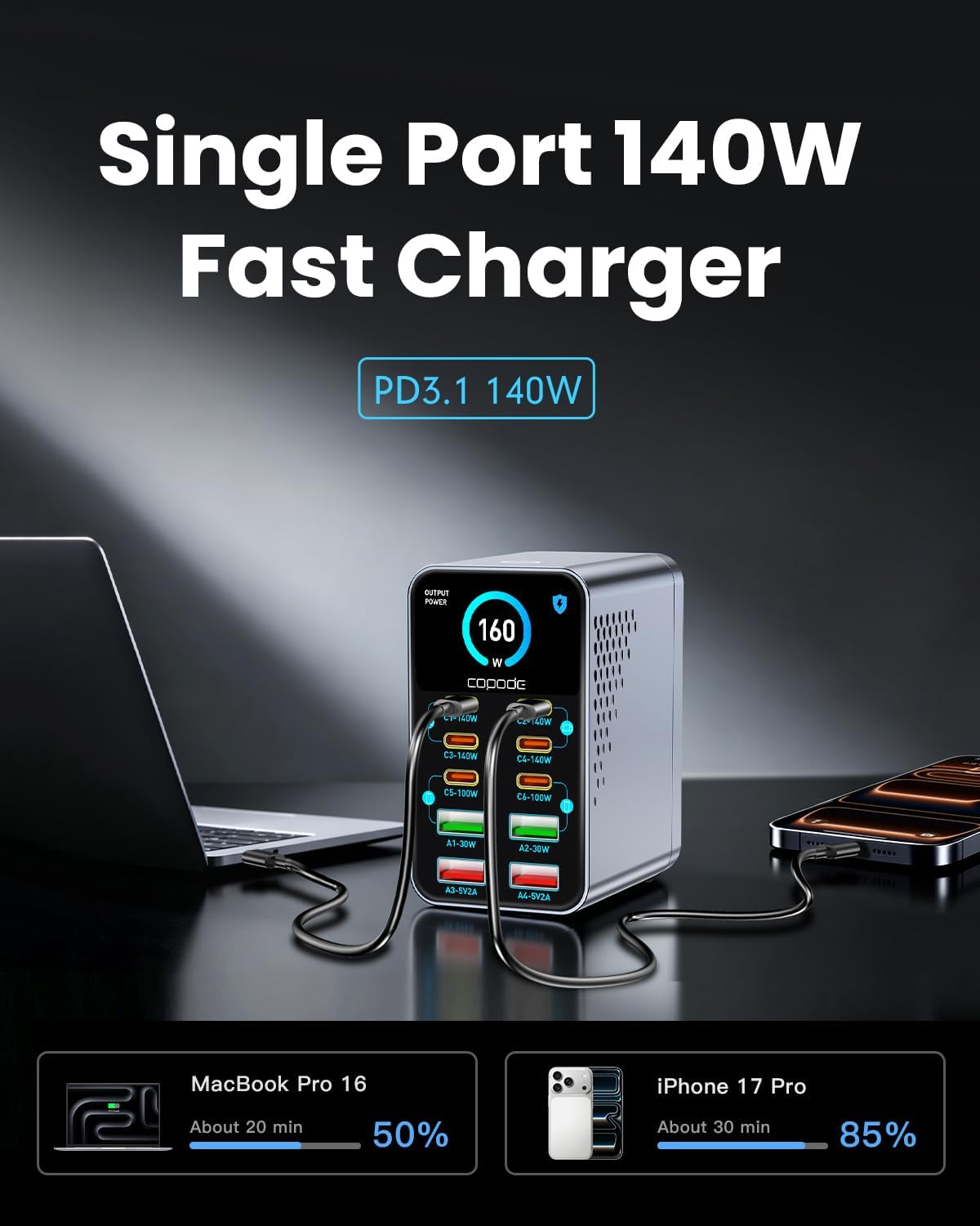 160W Max 10-Port GaN USB C Charger Block, for MacBook Pro, Laptop Charger