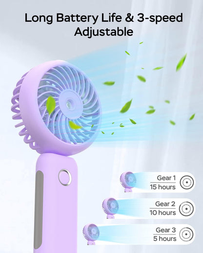Portable Handheld Misting Fan, USB Rechargeable, Foldable with Water Tank, 3 Speeds, for Travel and Outdoors (purple)