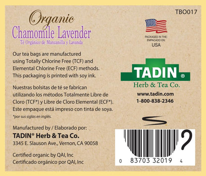 Tadin Organic Chamomile Lavender Tea, Caffeine Free Herbal Tea to Promote Serenity, 20 Tea Bags Per Box, Pack of 6