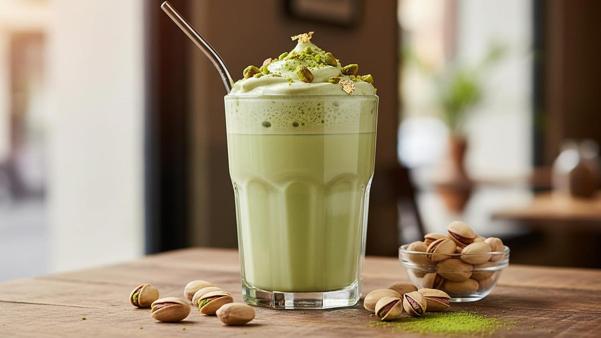 Matcha pistachio Vanilla Latte Mix – Creamy organic Green Tea Drink Powder – Hot or Iced Café Style daily Beverage 80g