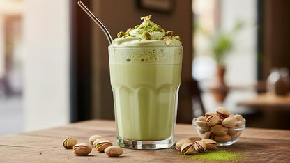 Matcha pistachio Vanilla Latte Mix – Creamy organic Green Tea Drink Powder – Hot or Iced Café Style daily Beverage 80g