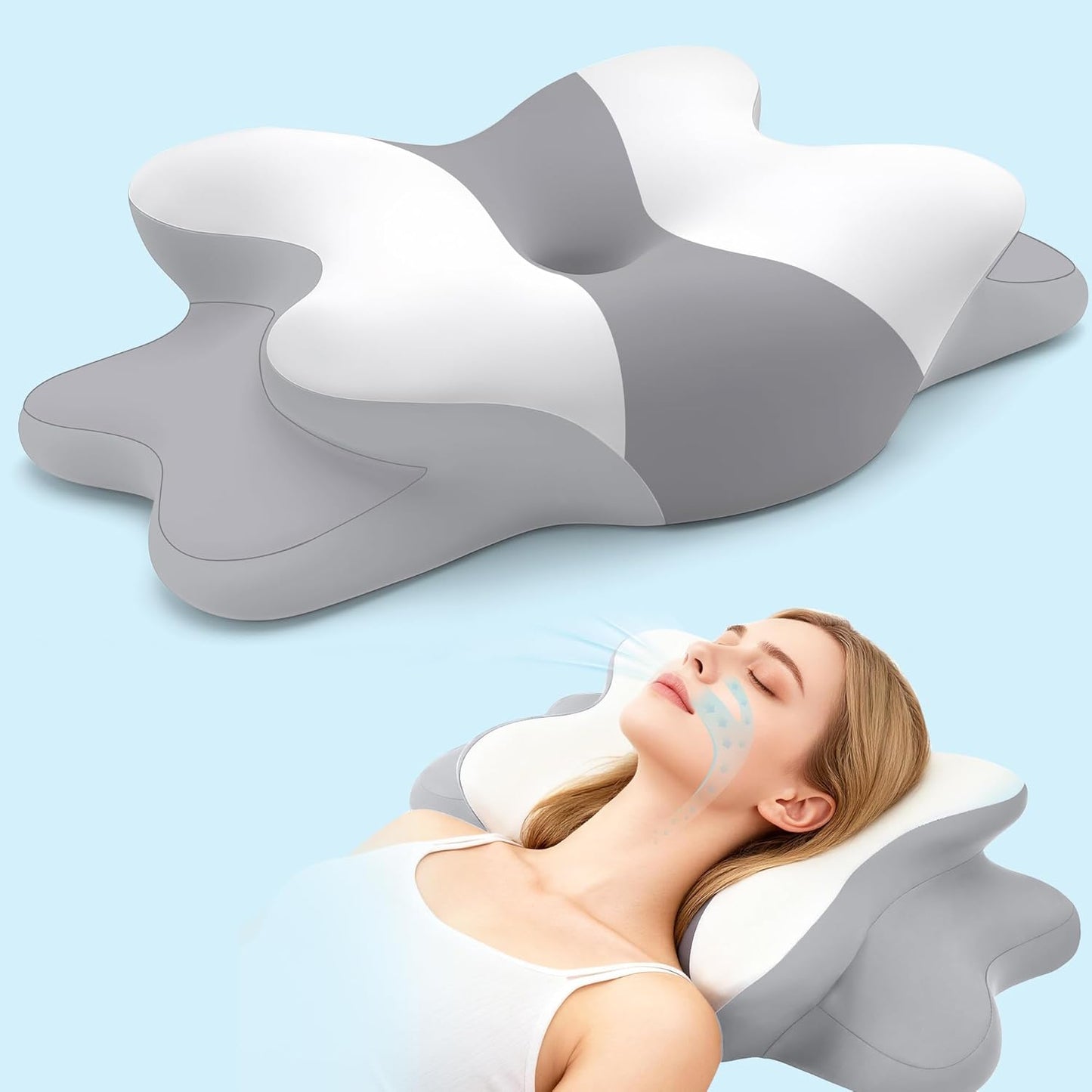 Sleep Apnea Pillow with Neck Pain & Snoring Relief -Orthopedic Cervical Pillow,Ergonomic Contour Memory Foam Pillow for Side, Back,Stomach,Dreamers,Medium Firm (Darkgrey, Queen Size 25" lx15 wx5.8 h)