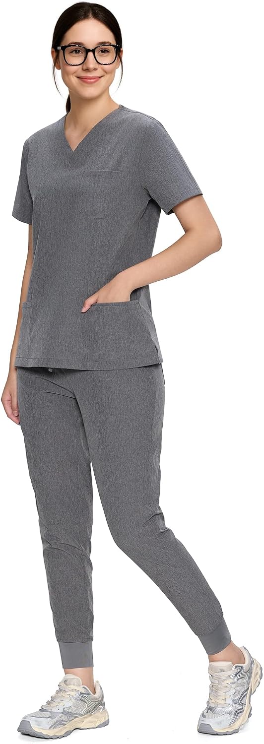 COZYFIT Scrubs for Women Set - Stretch V-Neck Scrub Top & Jogger Pant with 8 Pockets COZY SCRUBS - Colors D