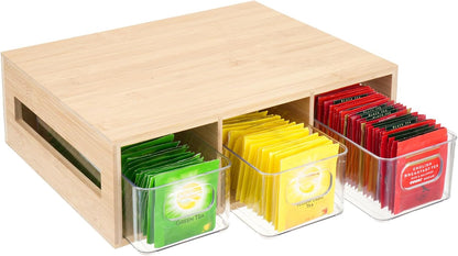 Tea Bag Organizer, Bamboo and Acrylic Tea Bag Holder with 3 Drawers, Wooden Tea Storage Organizer for Countertop, Sturdy Tea Chest Boxes for Shelf, Coffee Station, Sugar Packet, Small Packets