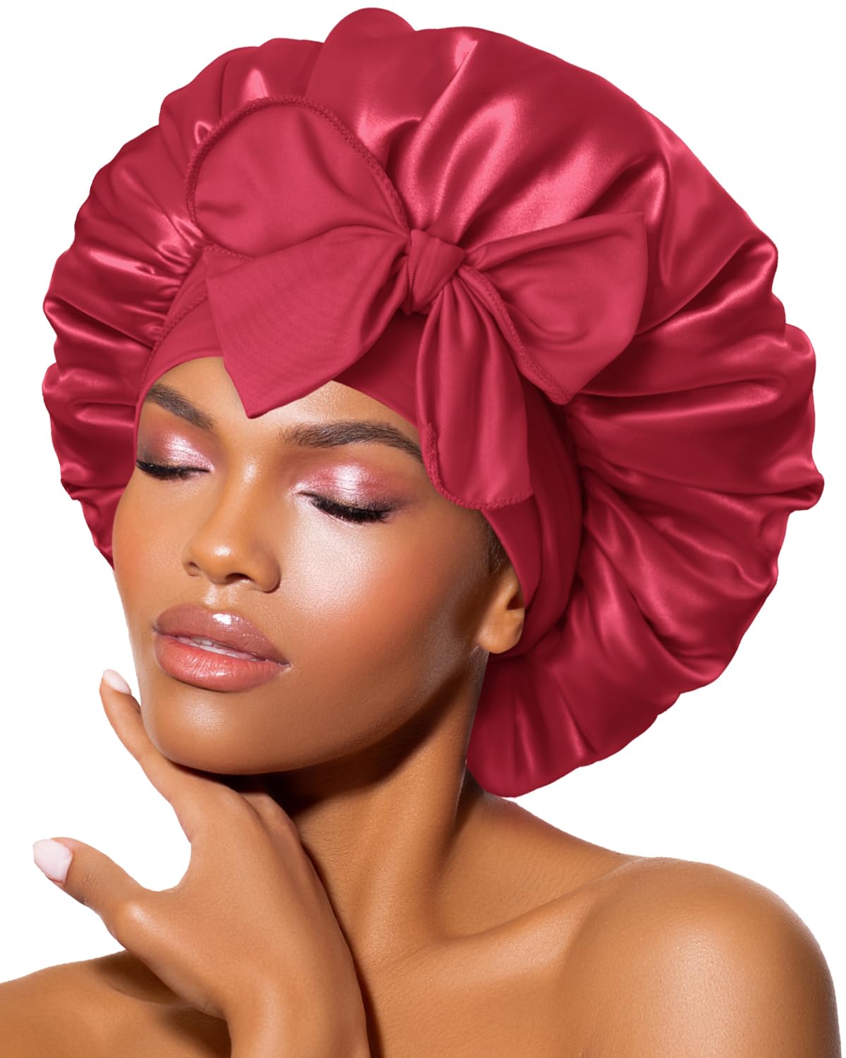 BONNET QUEEN Silk Bonnet for Sleeping for Women Satin Bonnet Night Cap for Curly Hair with Tie Band, Single Layer, Cream Pink