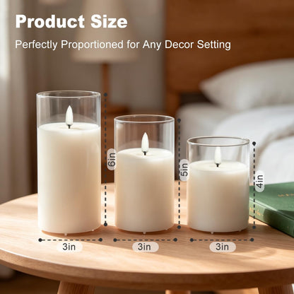 LEDHOLYT Rechargeable Flameless Glass Pillar Candles–Gifts for Women,–Set of 3, Realistic Flickering LED Flame,Remote & Timer, Ideal for Living Room, Bedroom & Halloween Festival Home Party Decor