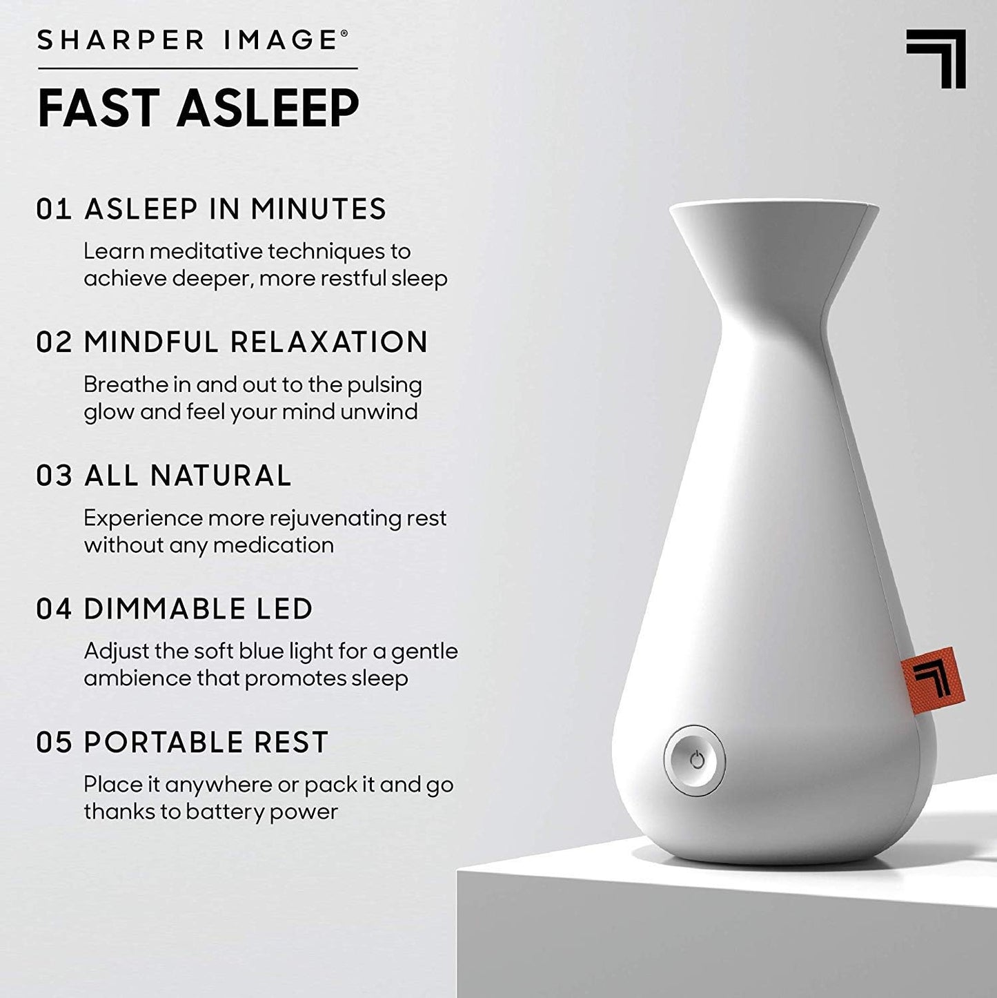 SHARPER IMAGE Fast Asleep Sleep Aid Device with Dimmable LED Light, Travel-Friendly Meditation and Relaxation Tool, Manage Stress and Get Relief, Unwind Before Bed with Breathing Techniques