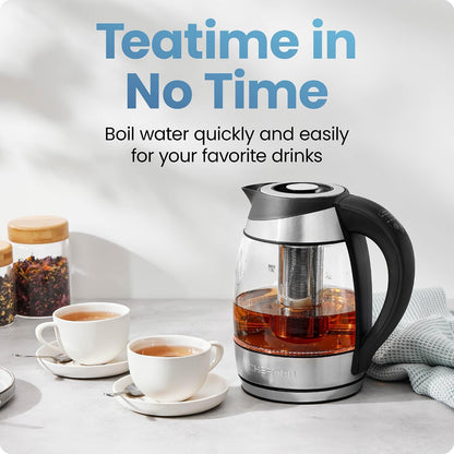 CHEFMAN Electric Kettle - 1.2L 1500W Hot Water Tea Pot with Infuser, BPA Free, Auto Shut Off, Boil-Dry Protection, Removable Lid, LED Light, Cordless Glass Electric Tea Kettle – Stainless Steel