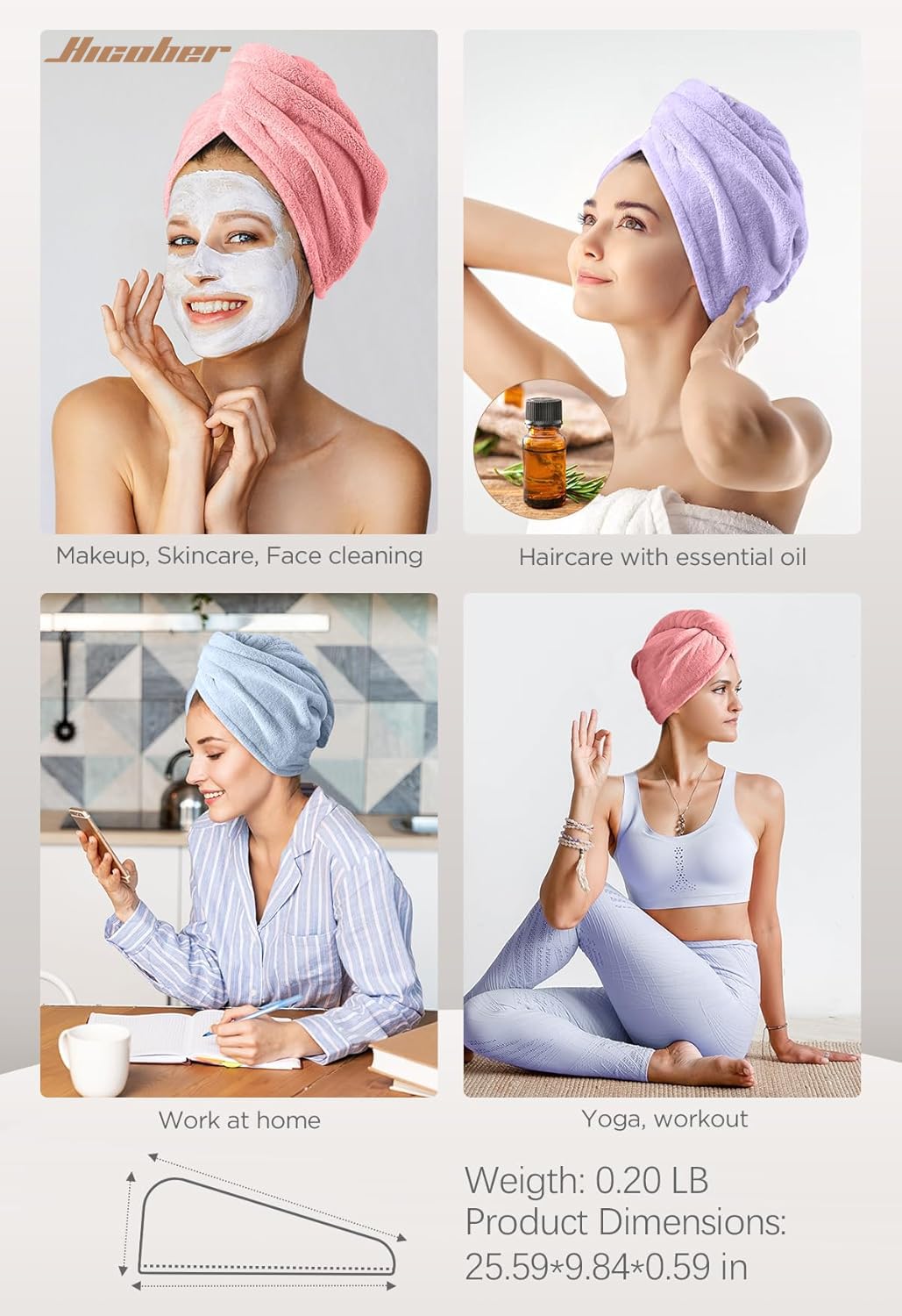 Hicober Microfiber Hair Towel Wrap, Fast Drying Hair Towels for Women, Soft Lightweight Quick Dry Turban for Curly & Long Hair–3 Pack(Blue/Grey/Pink)