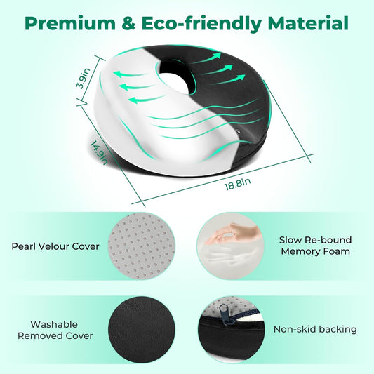 SAHEYER Donut Pillow for Tailbone Pain, Memory Foam Hemorrhoids Pillow for Sciatica Nerve, Sciatica Hip Coccyx Seat Cushion for Long Sitting Office Workers, Car Drivers, Black