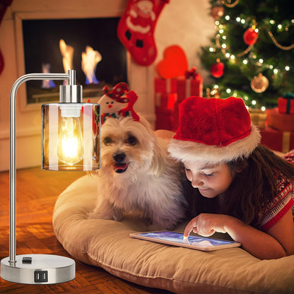 Set of 2 Industrial Touch Control Table Lamps with USB C+A Ports and AC Outlet - 3-Way Dimmable Black Bedside Lamps Nightstand Desk Lamps for Bedroom Living Room, Glass Shade & 2 LED Bulbs Included