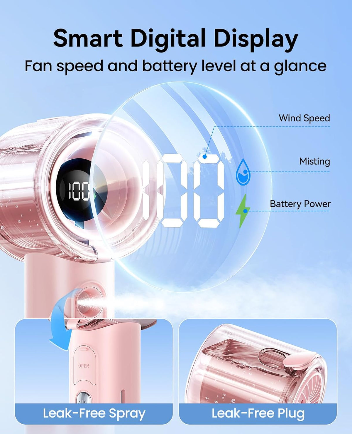 KIMMOO Portable Misting Fan, USB Rechargable Handheld Fan with Water Spray Mist, Up to 13 Hrs Cooling, 25000PRM, 100 Speeds, 50ml Water Tank, Personal Turbo Fan for Travel/Makeup/Office/Outdoor, Black