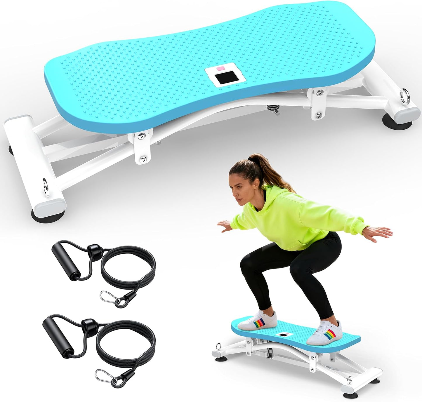 KINMAC 2-in-1 Rocking Stepper with Resistance Bands, Portable Balance Board for Exercise at Home, Quiet Mini Stair Stepper with LCD Monitor, Ski Trainer for Workout Home Gym