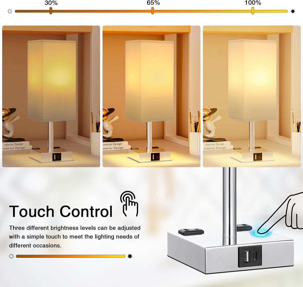 Touch Bedside Table Lamp for Bedroom - Dimmable, USB C+A, 2 AC Outlets