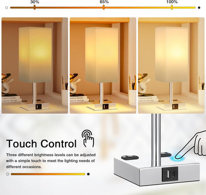 Touch Bedside Table Lamp for Bedroom - Dimmable, USB C+A, 2 AC Outlets