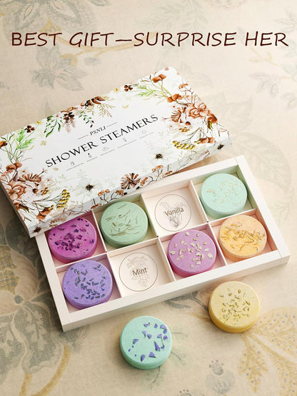 Shower Steamers Aromatherapy Stocking Stuffers 8 Scents, Christmas Gifts for Women Elegant Packaging Birthdays Gifts for Mom, Natural Essential Oil Home Spa Self Care & Relaxing Lavender