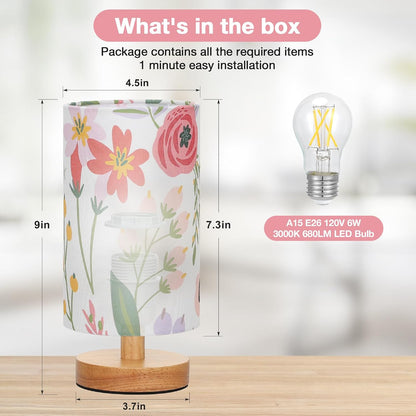 Fenmzee Small Table Lamp for Bedroom - Inline Control, Bedside Lamp with 3000K A15 LED Blub, Easy Assembly (Cream Shade - Wood Base, 9" Inline Control)