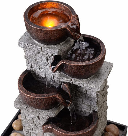 Kalona Indoor Tabletop Water Fountain – 3-Tier Resin Waterfall with LED Lights, Mini Bonsai Planter & Cascading Water Flow – Soothing Desk Fountain for Home, Office, Meditation Decor(22024)