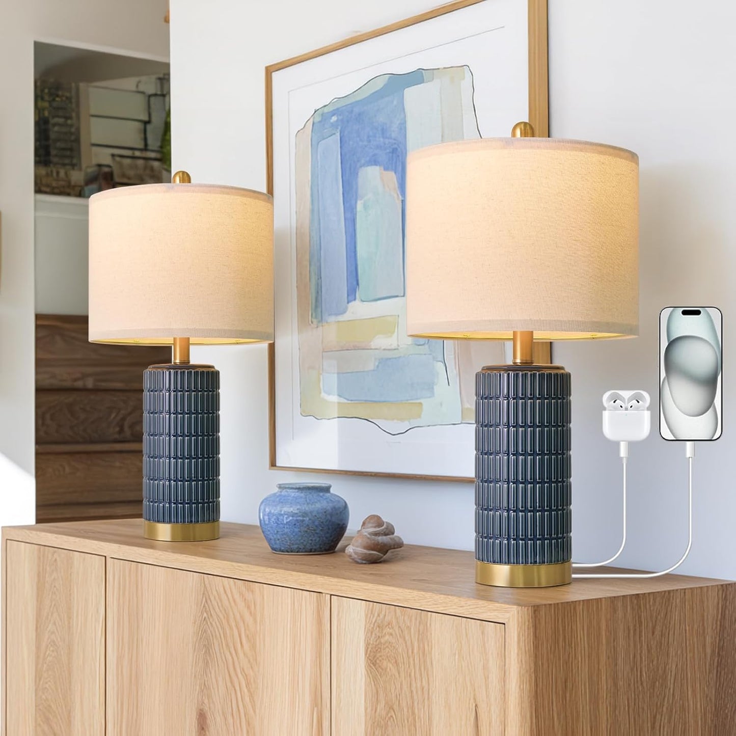 PoKat 20.75" Small Modern Ceramic Table Lamps Set of 2 for Bedroom, White Bedside Lamps for Night Stands, Farmhouse Desk Home Decor Gift Nightstand Table Lamps for Living Room End Table Beige