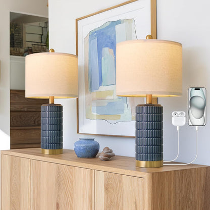 PoKat 20.75" Small Modern Ceramic Table Lamps Set of 2 for Bedroom, White Bedside Lamps for Night Stands, Farmhouse Desk Home Decor Gift Nightstand Table Lamps for Living Room End Table Beige
