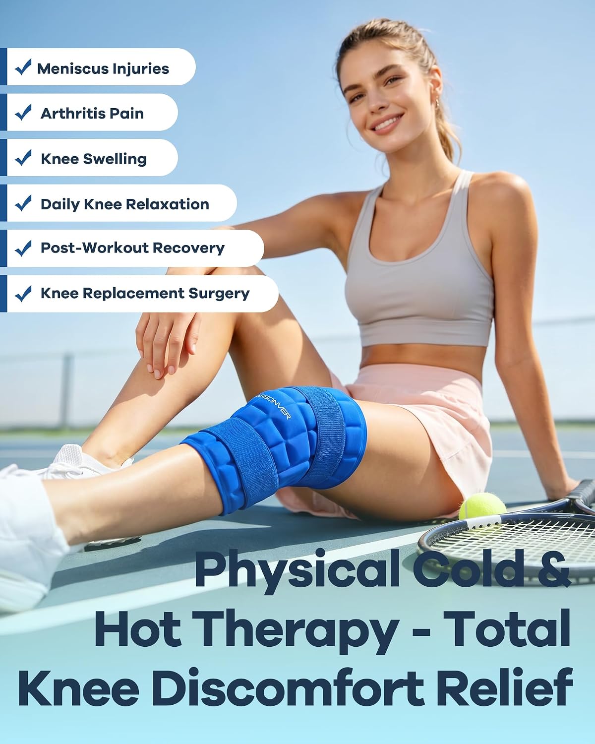 Knee Ice Pack Wrap, 120 Minutes Ultra-Long-Lasting Reusable Ice Pack Without Condensation for Knee Pain Relief, Cold Therapy for Injuries, Knee Replacement Surgery, Swelling, ACL, Meniscus Tear, Blue