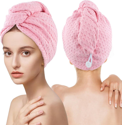 MaopaoBeauty Hair Towel Wrap for Women Long&Thick Hairs Head Wrap 1Pack Super Absorbent Hair Drying White Waffle Bath Towels for Curly Quick Dry Hair Drying Towels with Button