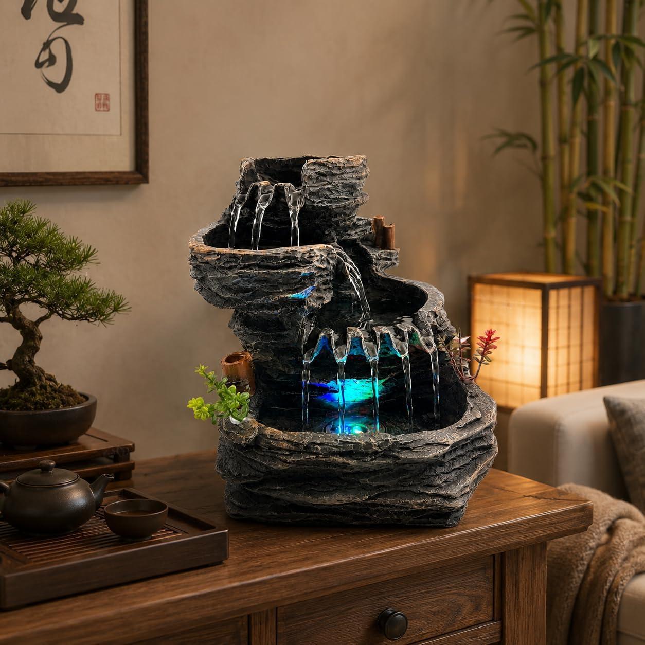 Indoor Tabletop Water Fountain with LED Light, Resin Rock-Look Waterfall Decor, Feng Shui Inspired Zen Fountain for Desk, Office, Bedroom, Living Room & Meditation Space (9" Cascading Rock)