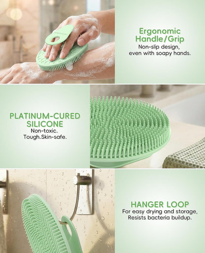 2 Pack Soft Silicone Shower Brush, Body & Face & Short Hair Wash, Bath Exfoliating Skin Massage Scrubber, Dry Skin Brushing Glove Loofah, Fit for Sensitive and All Kinds of Skin (PeonyPink+Green)