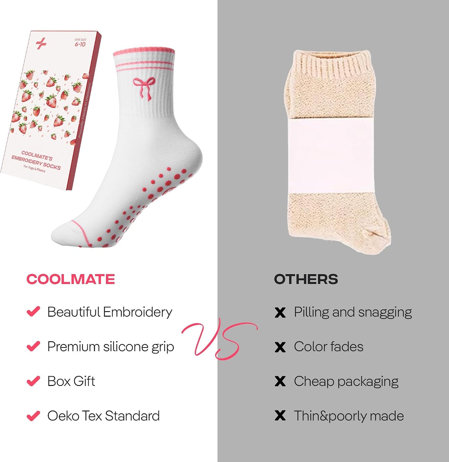 COOLMATE Pilates Socks with Grips for Women, Yoga Socks, Crew Non Slip Women for Barre, Pilates Gifts for Women - Colors B