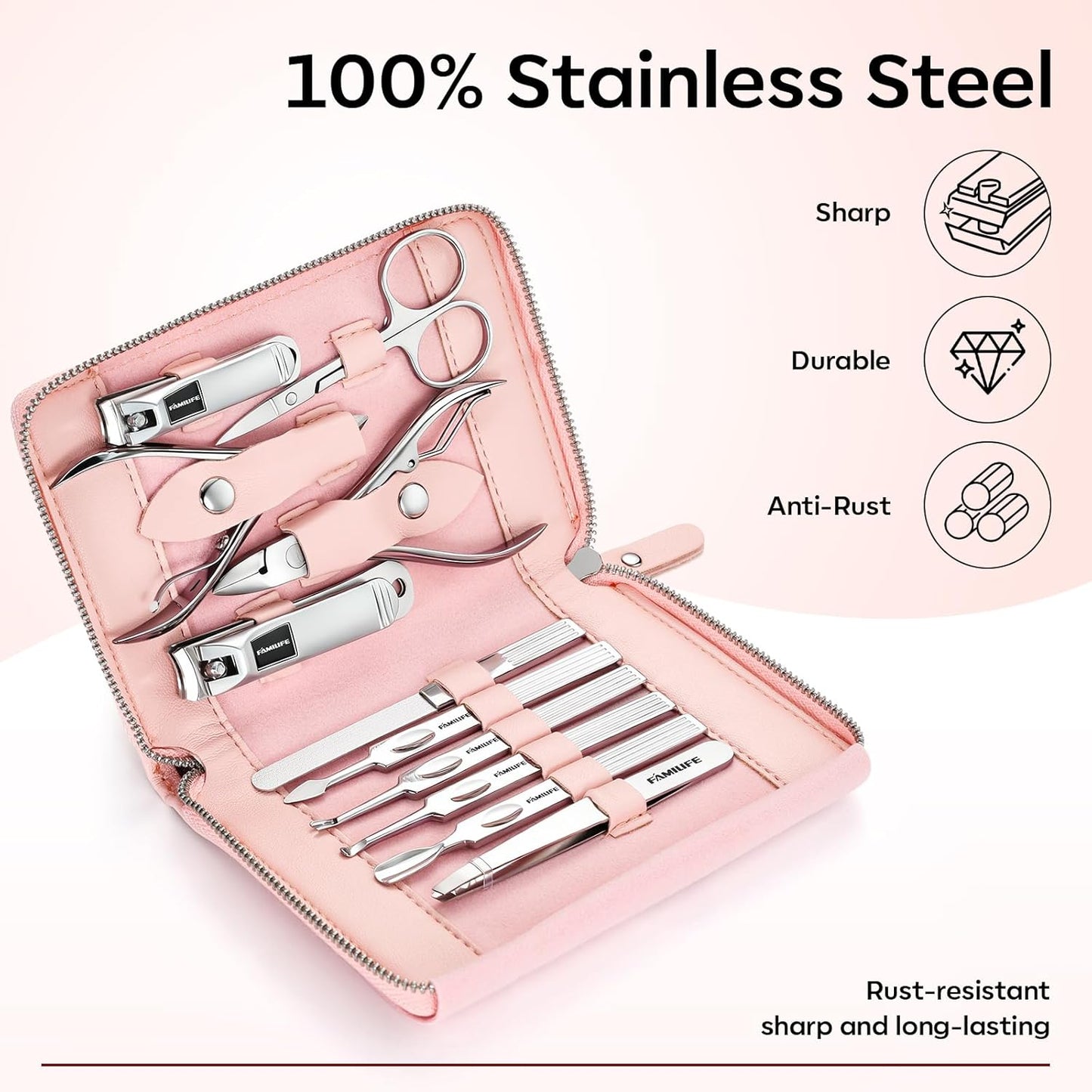 FAMILIFE Gifts for Women, Manicure Set Professional Manicure Kit 11 in 1 Nail Kit Nail Clippers Tools Stainless Steel with Rose Gold Leather Case Travel Sets