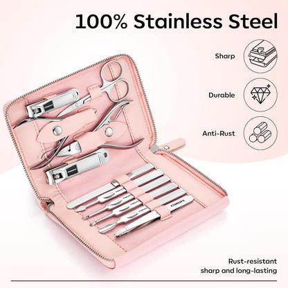 FAMILIFE Gifts for Women, Manicure Set Professional Manicure Kit 11 in 1 Nail Kit Nail Clippers Tools Stainless Steel with Rose Gold Leather Case Travel Sets