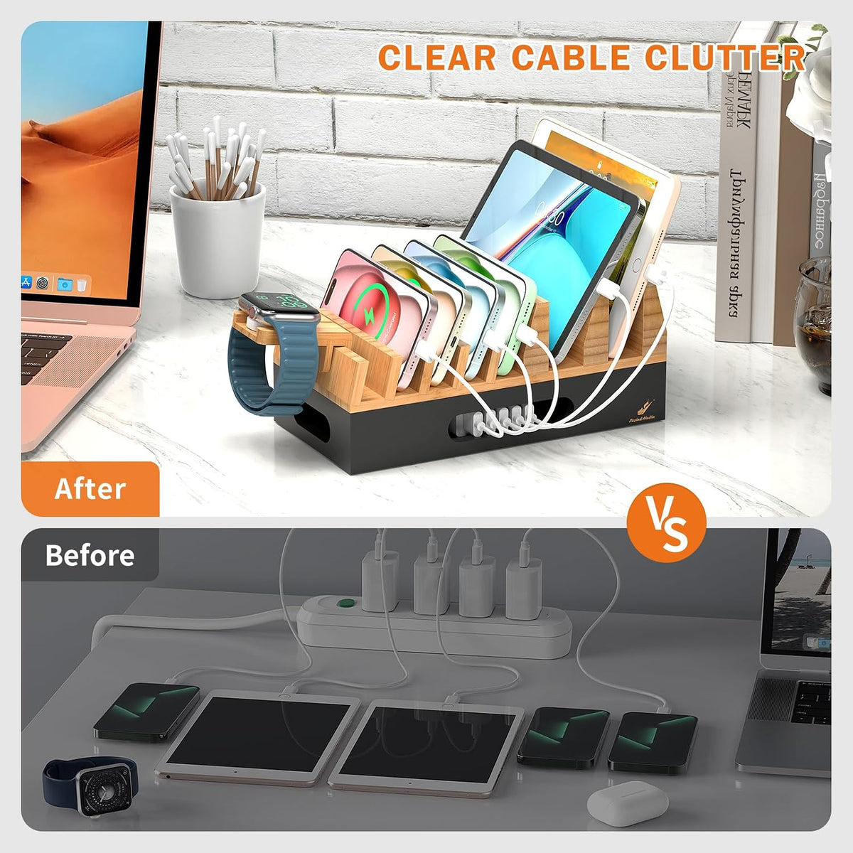 Pezin & Hulin Bamboo Charging Station with 5 Cables-Natural Bamboo