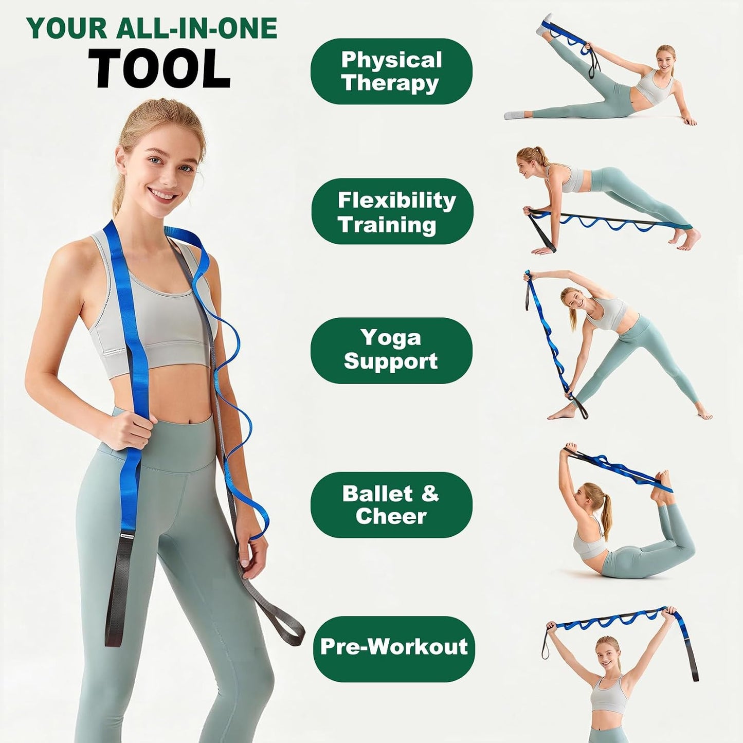 Acozycoo Stretching Strap with Loops,Non-Elastic Yoga Strap for Physical Therapy,Knee Replacement Recovery & Plantar Fasciitis,Leg Stretcher Band for Flexibility & Hamstring Rehab