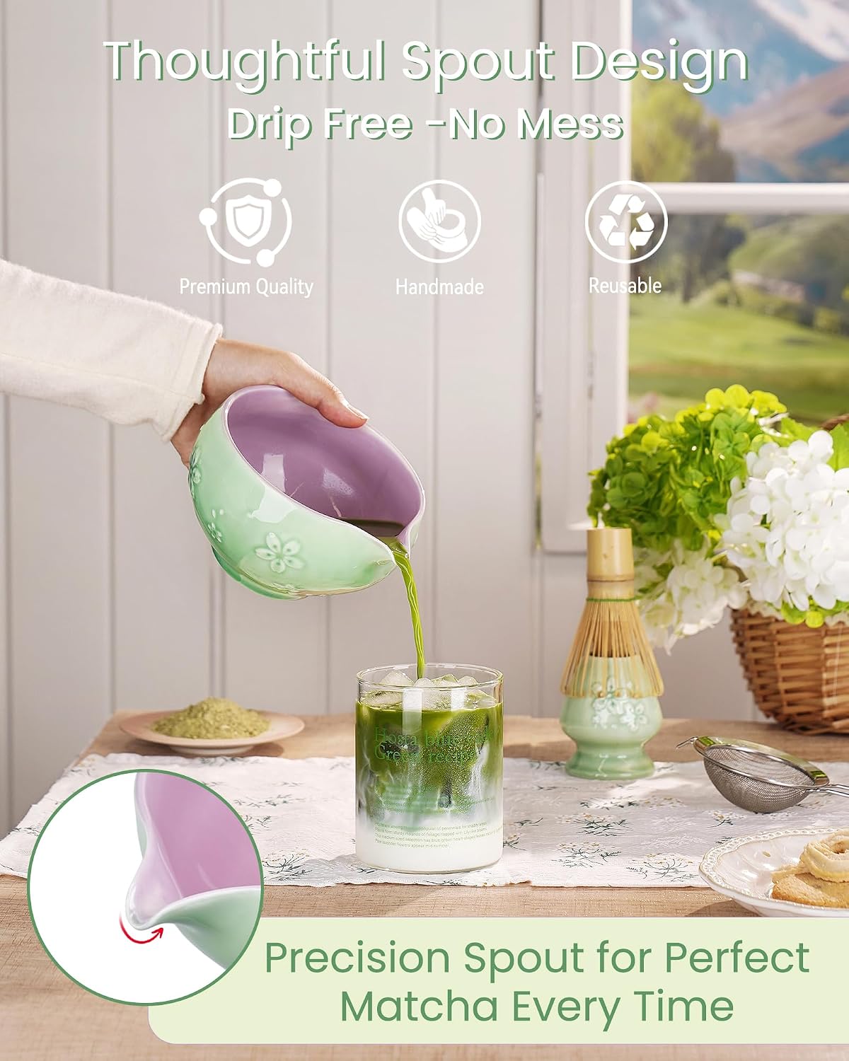ZENS Matcha Whisk Set, Matcha Kit Set, Matcha Bowl with Spout, Bamboo Whisk & Scoop, Chasen Holder, 304 Sifter & Tea Mat, 6pcs Japaness Matcha Kit for Matcha Lovers, Birthday Gift, Pale Green