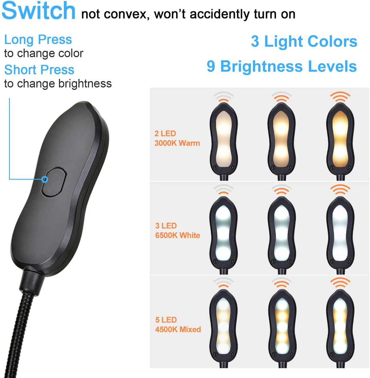 Rechargeable Book Light: Clip on LED Book Light for Reading in Bed - Adjustable 3 Color 3 Brightness - 60 Hours Eye Care Reading Lamp-Lightweight & Portable for Bed &Travel (Black)