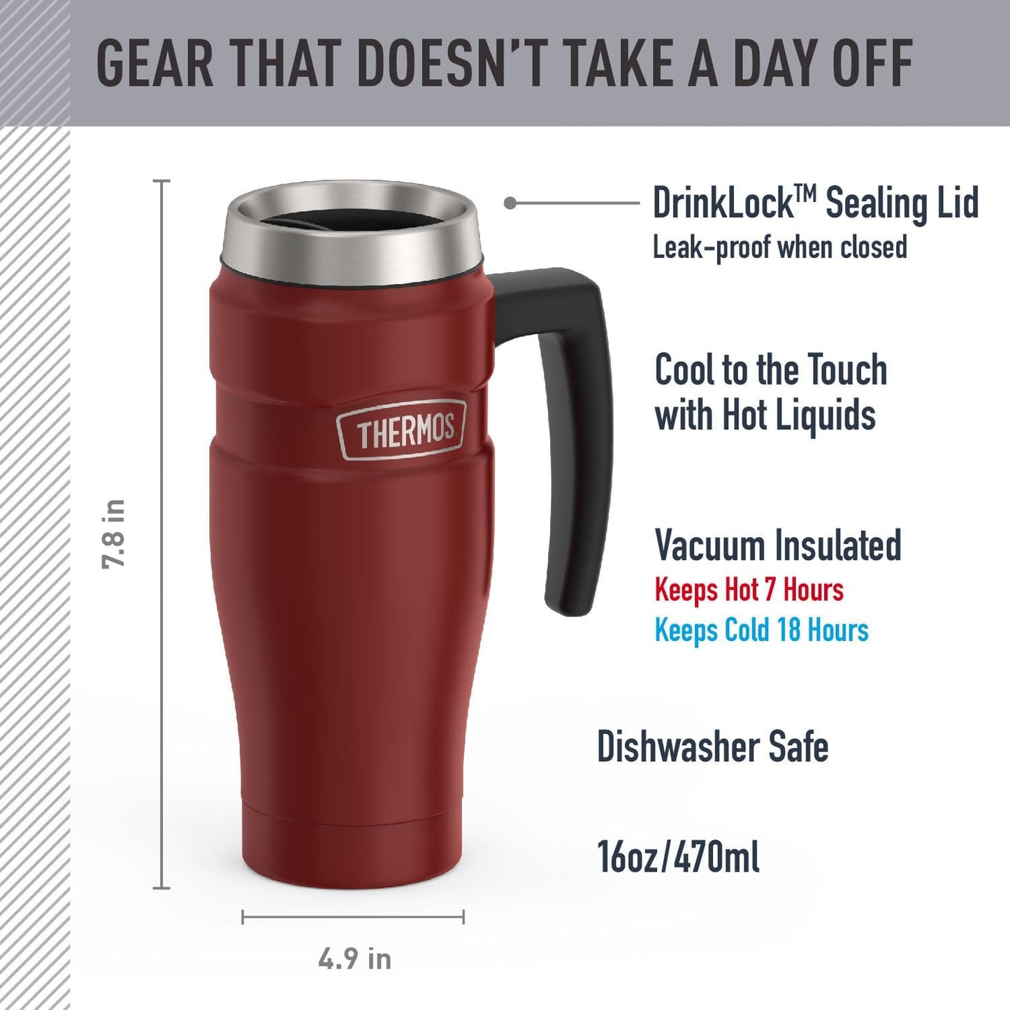 THERMOS Stainless King Vacuum-Insulated Travel Tumbler, 16 Ounce, Matte Steel