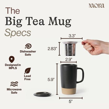 Mora Ceramics Large Tea Mug with Loose Leaf Infuser and Ceramic Lid, 18 oz, Portable, Microwave and Dishwasher Safe, Tall Coffee Cup - Rustic Matte Ceramic Glaze, Modern Herbal Tea Strainer, Olive