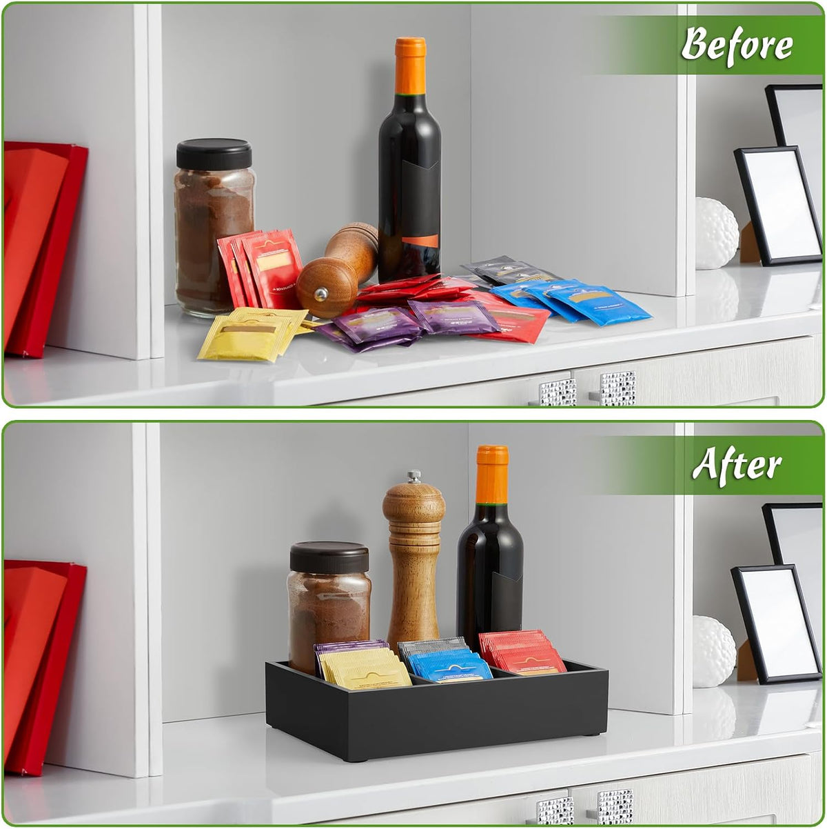 DRASTAR Tea Bag Organizer, Acacia Tea Bag Holder, Tea Storage Containers with 3 Slots, Wooden Tea Storage Accessories, Mini Tea Bag Caddy Box for Countertop