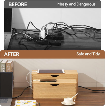 KIRIGEN Wooden Cable Management Box Set of 2, Cord Organizer, Natural