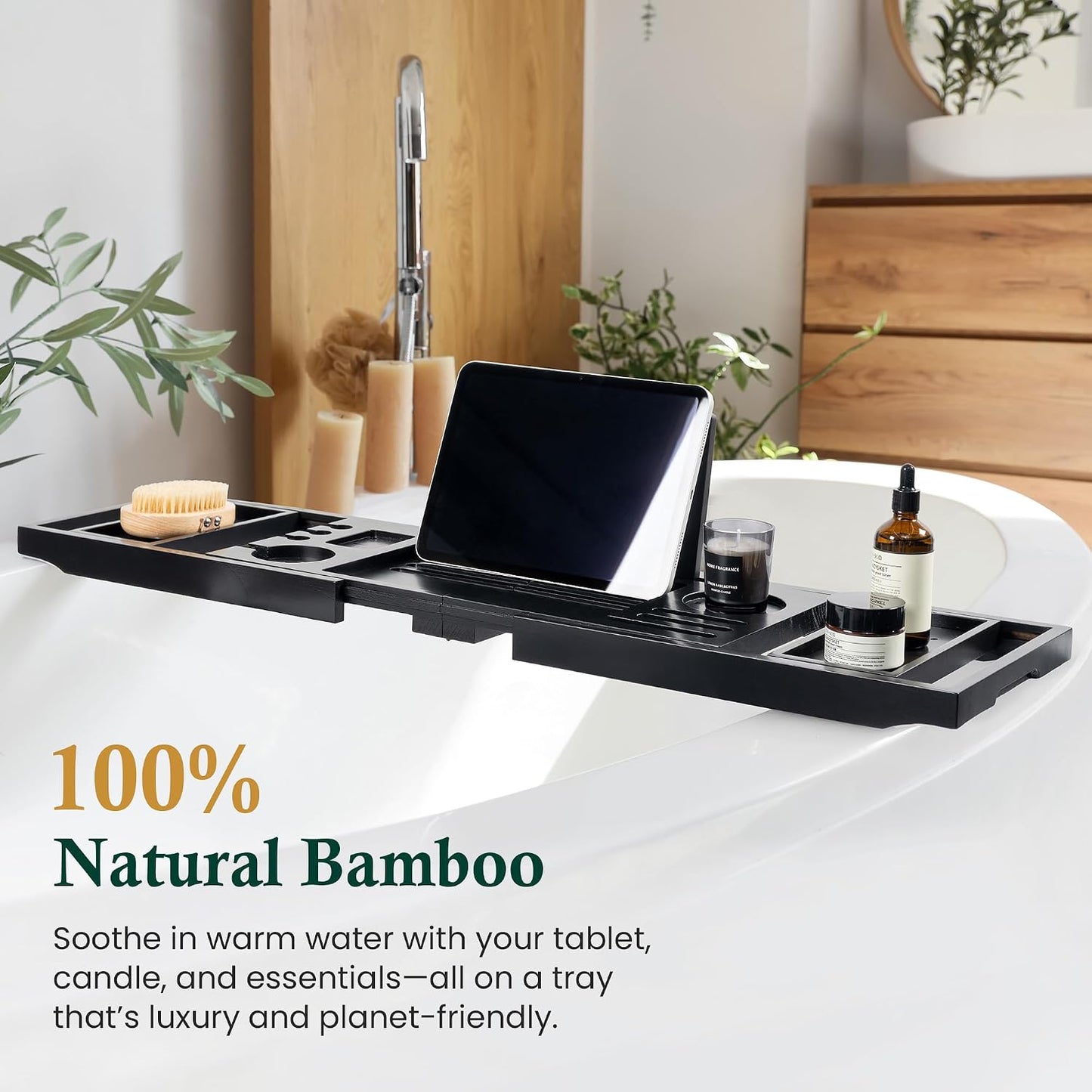 Bamboo Bathtub Tray Caddy - Splash-Proof Adjustable (28.5-40") with Wine Holder, Tablet Stand & Non-Slip Grip | Spa-Grade Organizer for Bath Essentials & Reading- Walnut