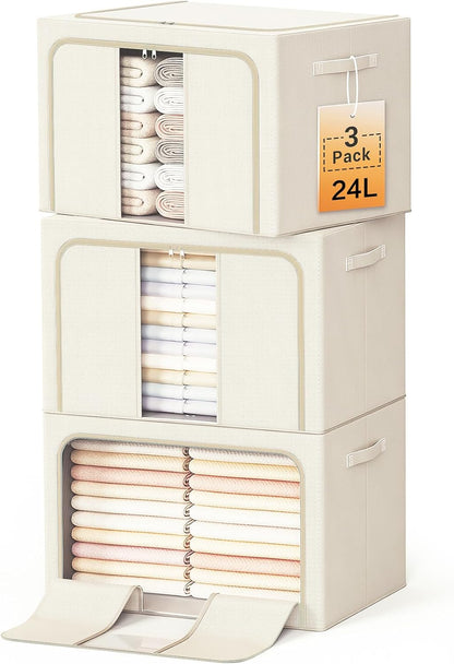 Clothes Storage Bins with Metal Frame Foldable Storage Box Clothes Organizers Storage Containers for Clothes Sheets Blankets Books Toys Gifts and Holiday Decorations (66Lx3 Pack)