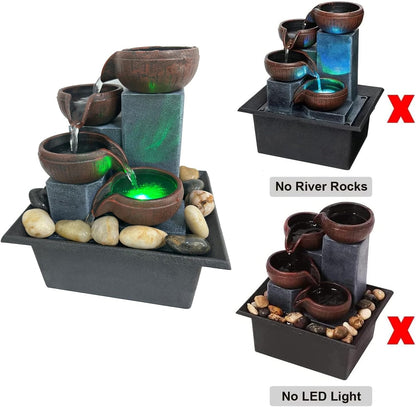 Small Indoor Water Fountain, Zen Meditation Waterfall Feature with Automatic Pump & Natural River Rocks, Tabletop Waterfall Fountain for Office Living Room Bedroom, 7.48” Tall