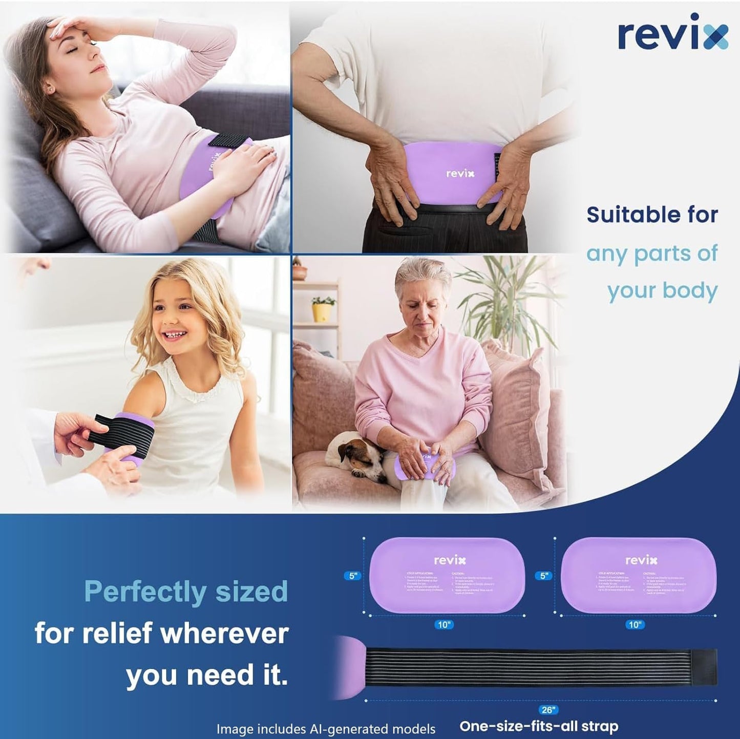 REVIX Ice Packs for Injuries Reusable, 2 Packs Hot and Cold Pack with Adjustable Strap, Flexible Ice Wraps for Joints and Muscle, Rotator Cuff, Back, Knee Discomfort Relief (10" x 5" Blue)