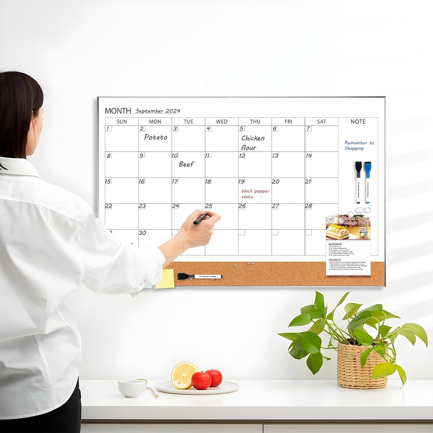 ARCOBIS Dry Erase Calendar with Cork Board for Wall, 24"x 18" Magnetic Calendar Whiteboard with Black Frame, Monthly Combination Board for School, Home, Office