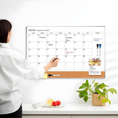ARCOBIS Dry Erase Calendar with Cork Board for Wall, 24"x 18" Magnetic Calendar Whiteboard with Black Frame, Monthly Combination Board for School, Home, Office
