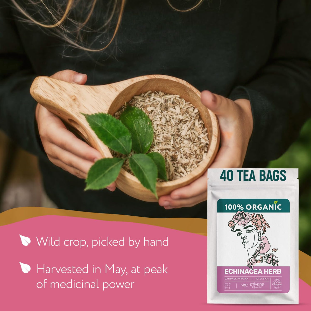 Echinacea Tea Organic (40 Bleach-Free & Microplastic-Free TeaBags) - Natural Immunity Support