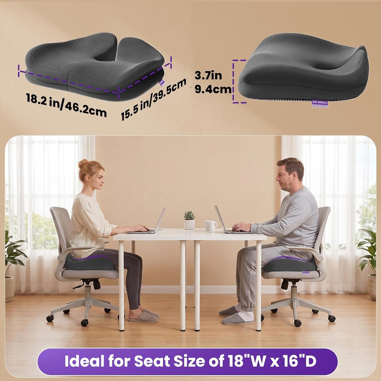 ZZ-WELL Seat Cushion for Office Chairs, Black, 21.2 Inches | Coccyx Cushion for Tailbone Pain, Memory Foam, Extra Large Thick, Patented Pressure Relief, Computer Gaming Chair