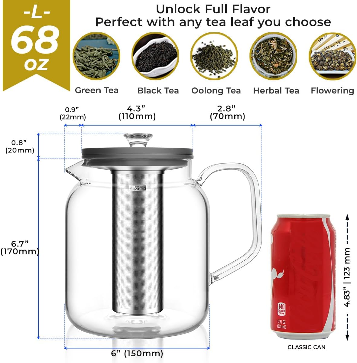 Aquach 68oz Glass Teapot Stovetop Safe with Loose Leaf Tea Steeper | Dishwasher Safe, Borosilicate Glass, Plastic-free, 68oz Family Capacity, Easy-clean Opening, Refrigerator Friendly