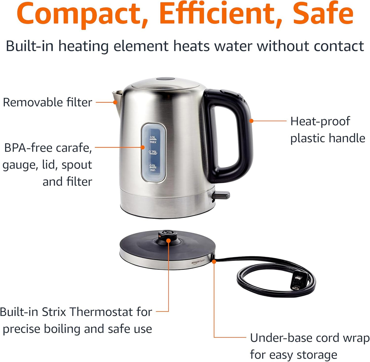 Amazon Basics Electric Stainless Steel Kettle for Tea and Coffee, BPA-Free, Fast Boiling, Auto Shut-Off, 1 Liter, 1500W, Black and Silver